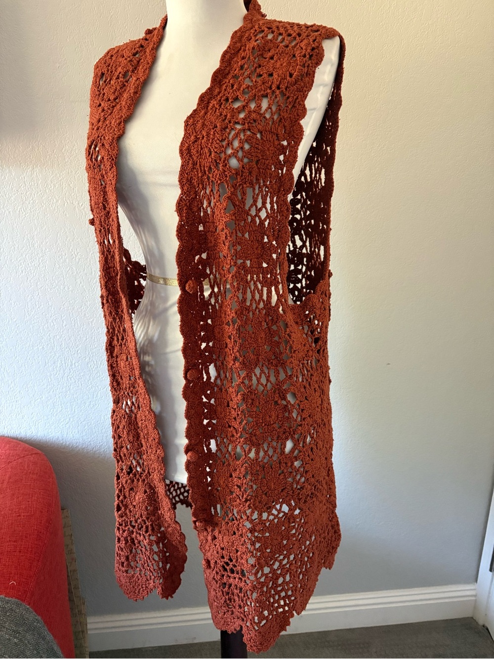 Silktime vintage bohemian terracota crochet cardigan 100% silk size L